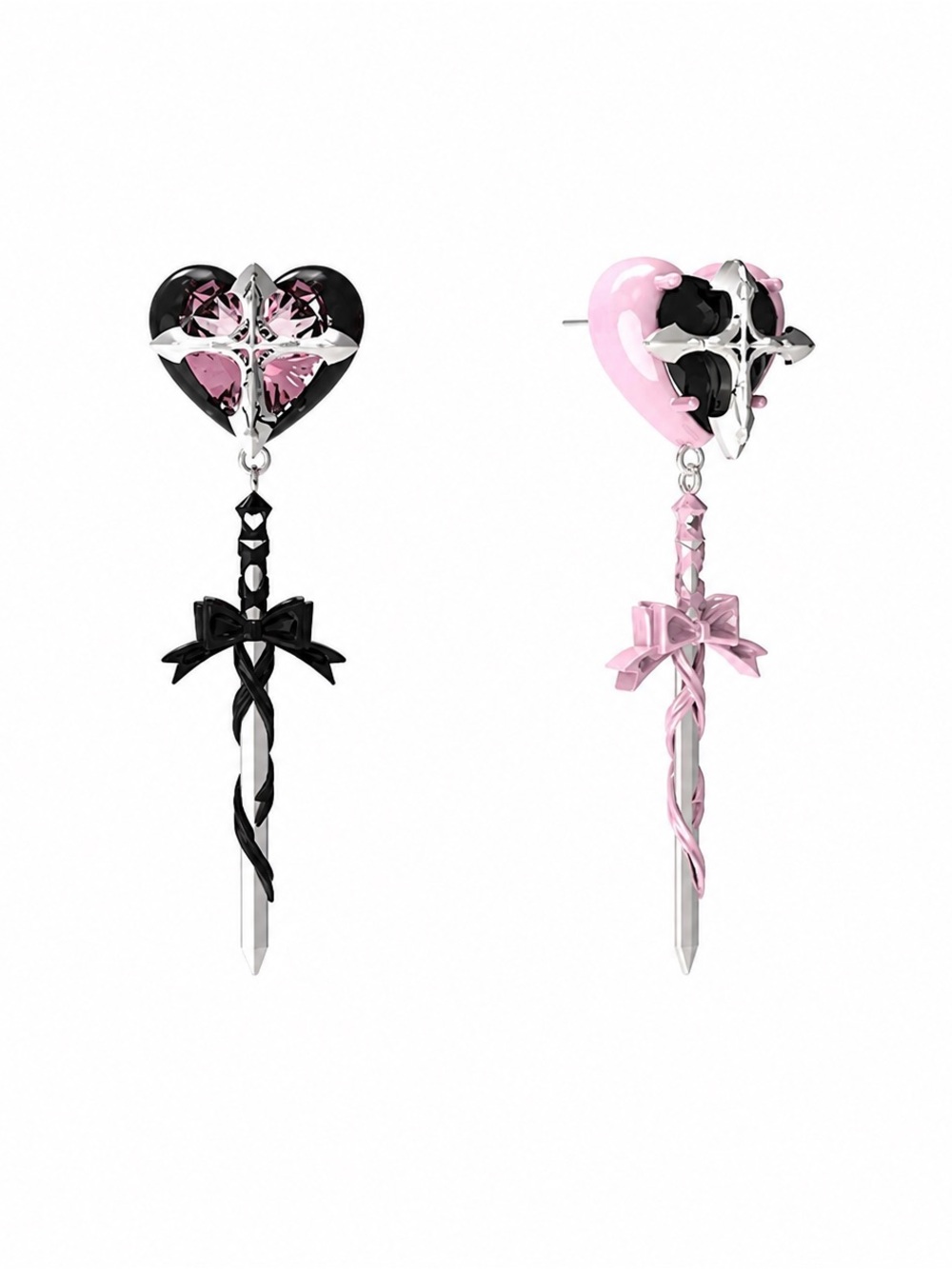 Heart & Dagger Drop Earrings in Pink and Black with 925 silver posts